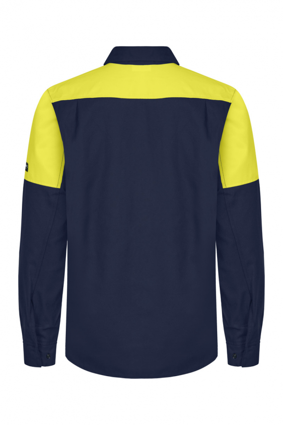 Camisa Tranemo 577486 inherentemente ignífuga con visibilidad aumentada, certificada para soldadura EN11611 A1+A2.  Cierre frontal oculto con corchetes de plástico. Bolsillos pectorales con solapa