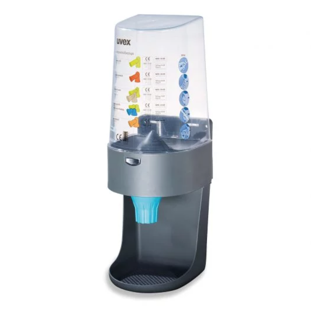 Dispensador de taps Uvex One 2 clic, ús fàcil amb fixació a paret, capacitat 600 parells de taps.