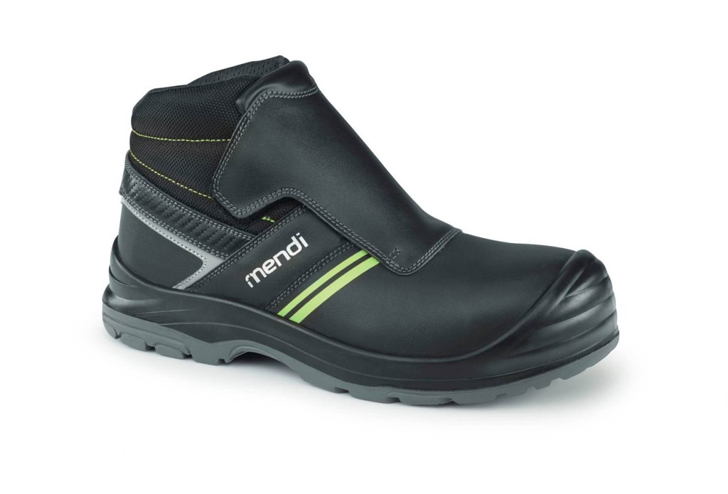 Bota soldador Mendi Ferro de piel flor negra hidrofugada, cierre cordones + velcro, suela HRO para entornos de calor,  S3 CI SRC ESD