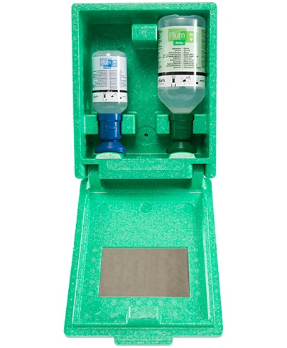 [4789] Estación lavaojos PLUM 4789 estanca con 1 botella de 500 ml. de solución salina y 1 botella de 200 ml. de solución pH neutro para productos químicos